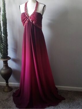 JS Boutique Maroon Ombré Beaded Halter Gown
